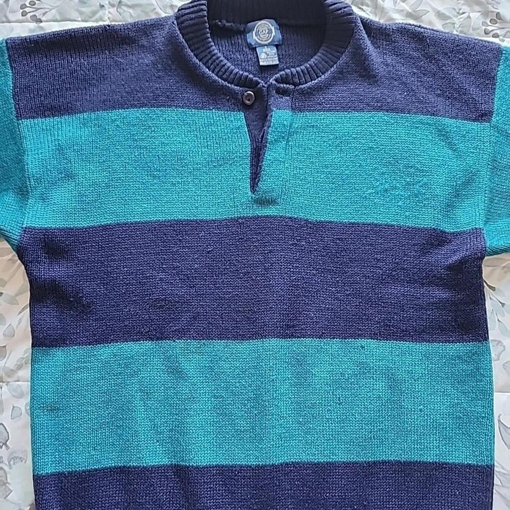 Vintage GAP 100% Wool Sweater L Made in Hong Kong, Navy & Teal Stripes |
